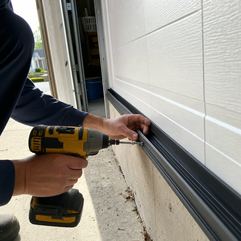 Technician installing weather seal on a residential garage door