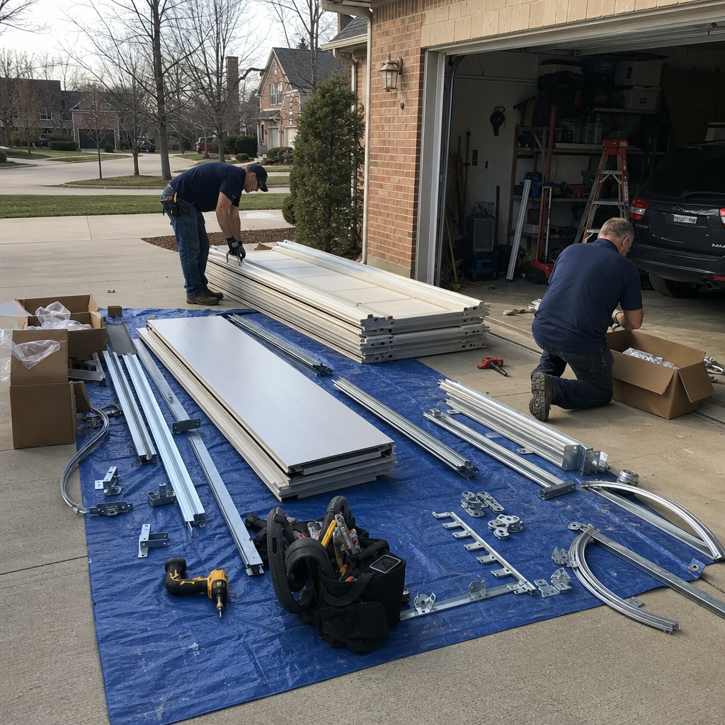 Two technicians organizing garage door installation parts on a driveway