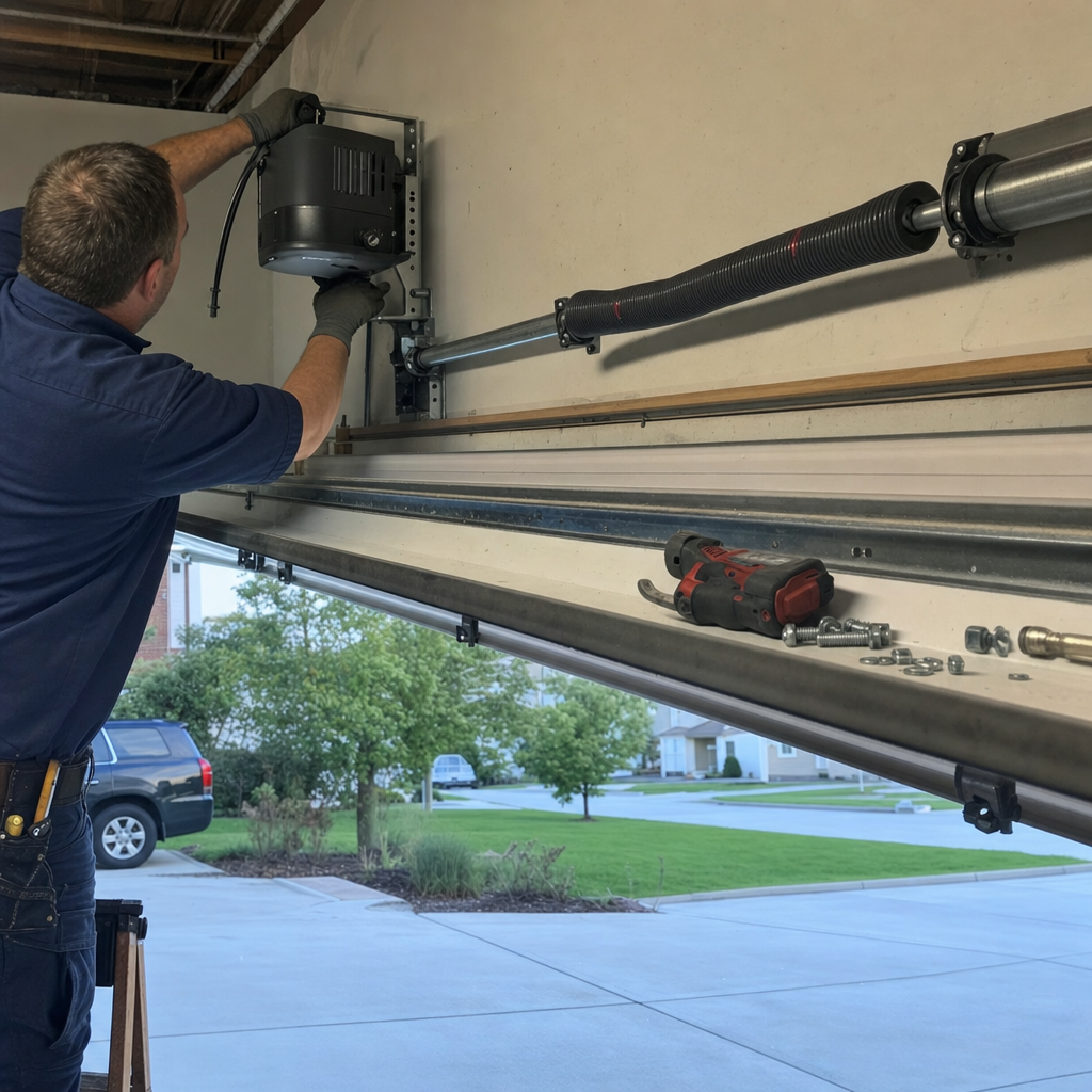 Technician installing a wall-mount garage door opener motor