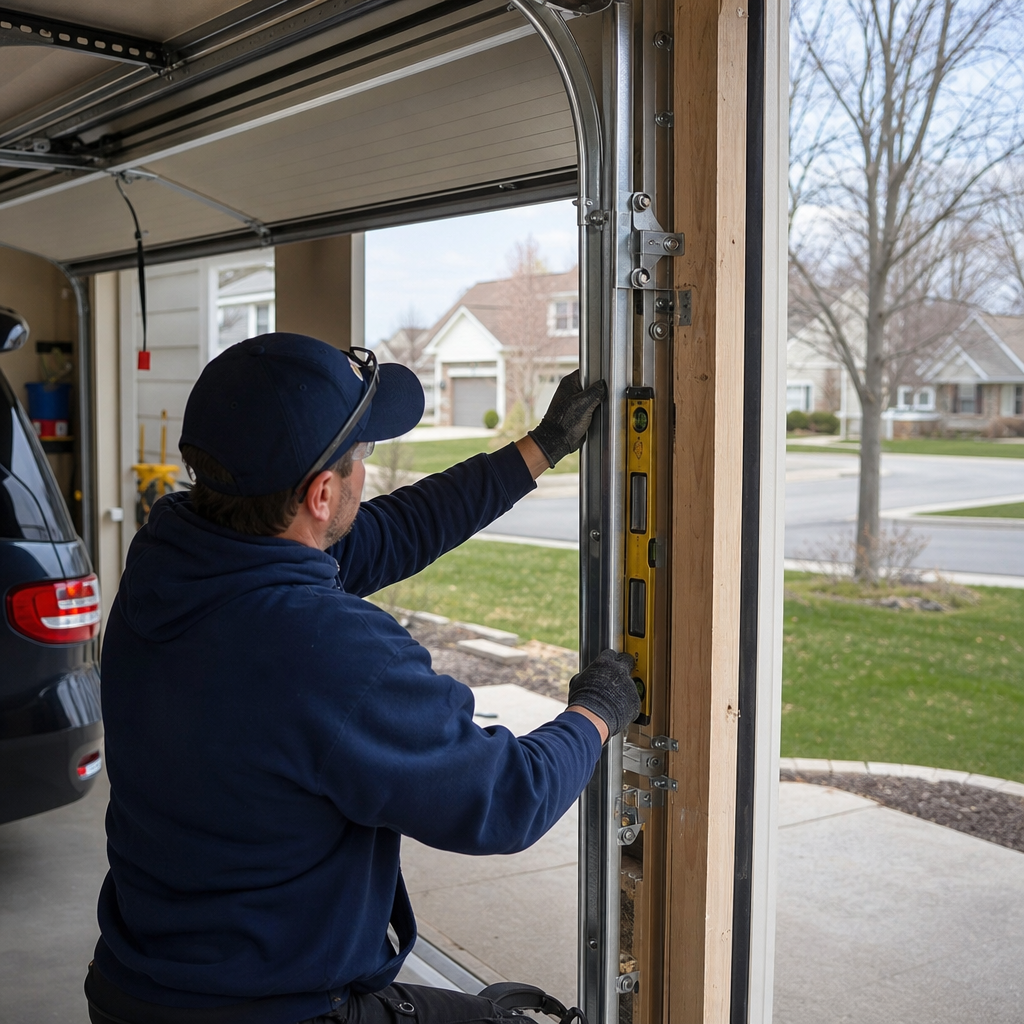 Technician using a level to align a garage door track