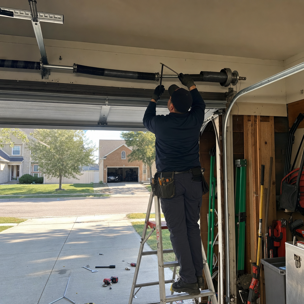 Technician performing professional garage door spring repair and maintenance
