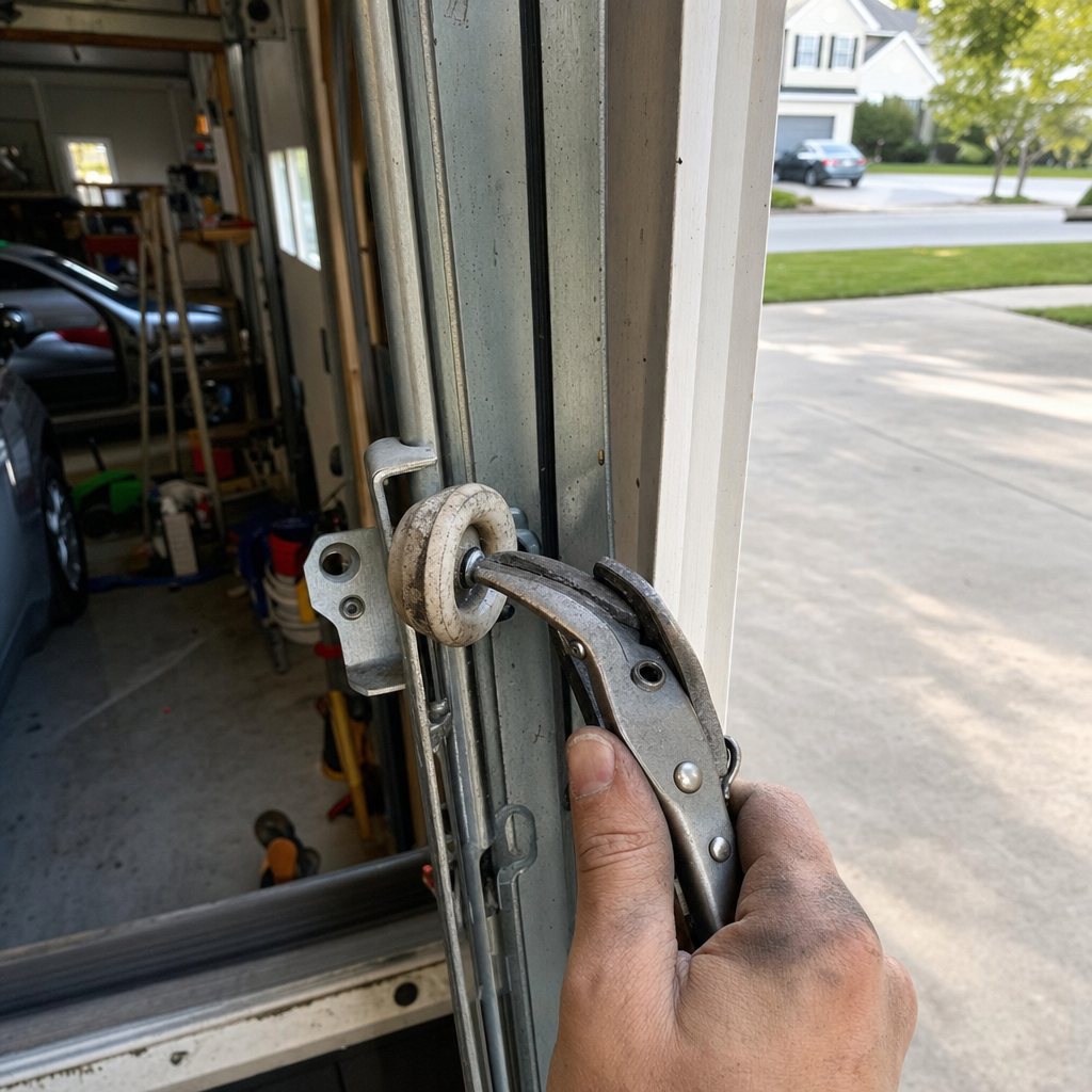 Technician performing professional garage door roller repair and maintenance