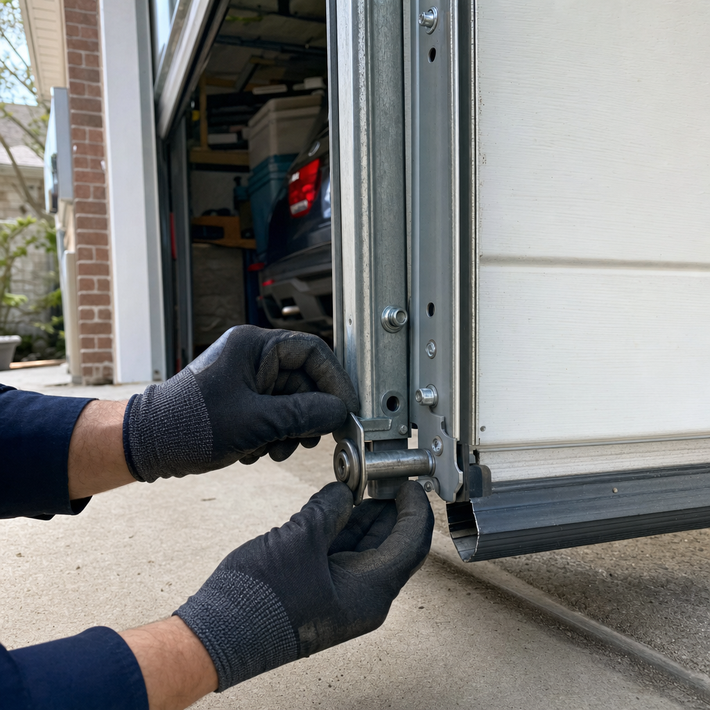 Technician performing emergency garage door repair on residential door track in Columbus, OH