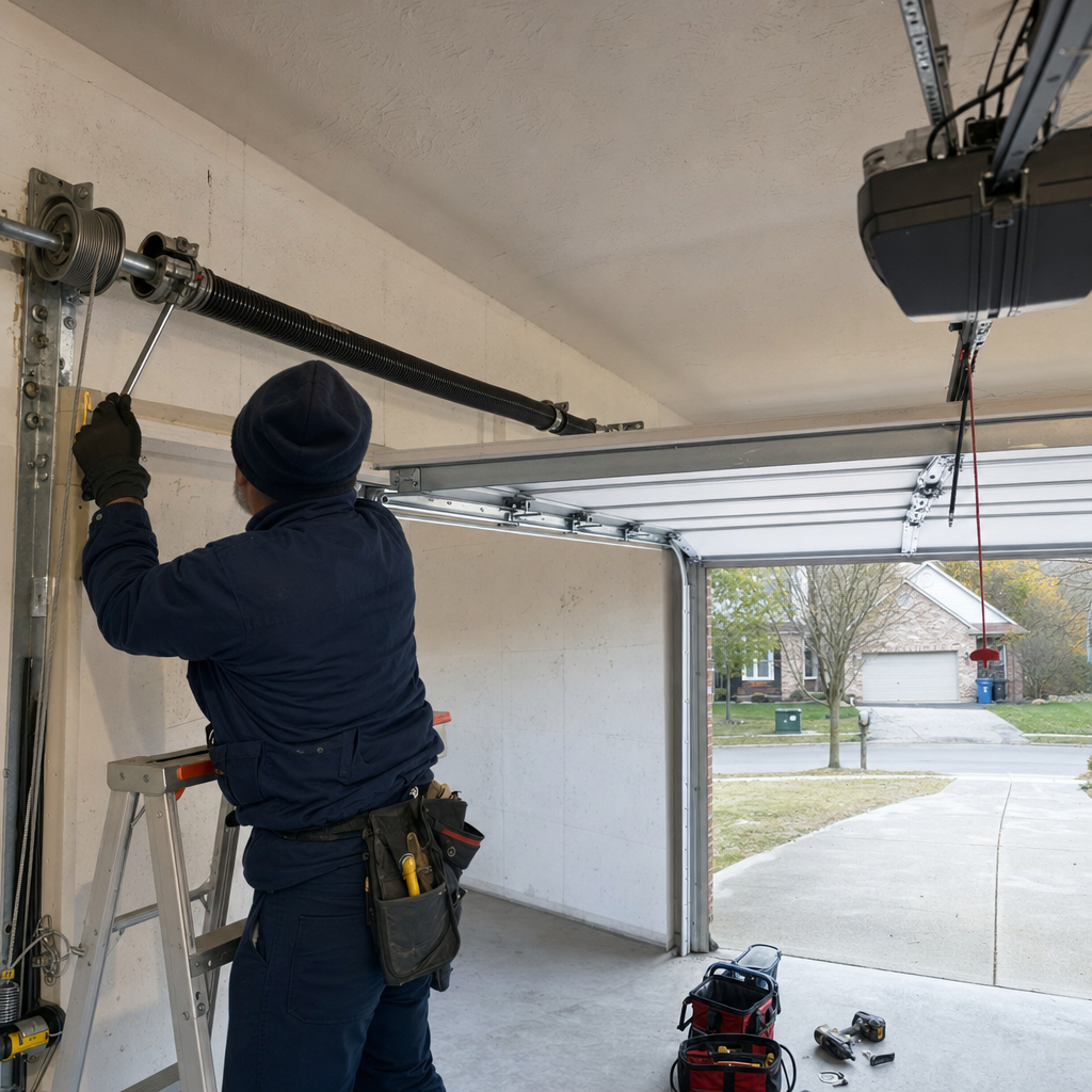 Professional technician performing emergency garage door spring repair in Columbus, OH