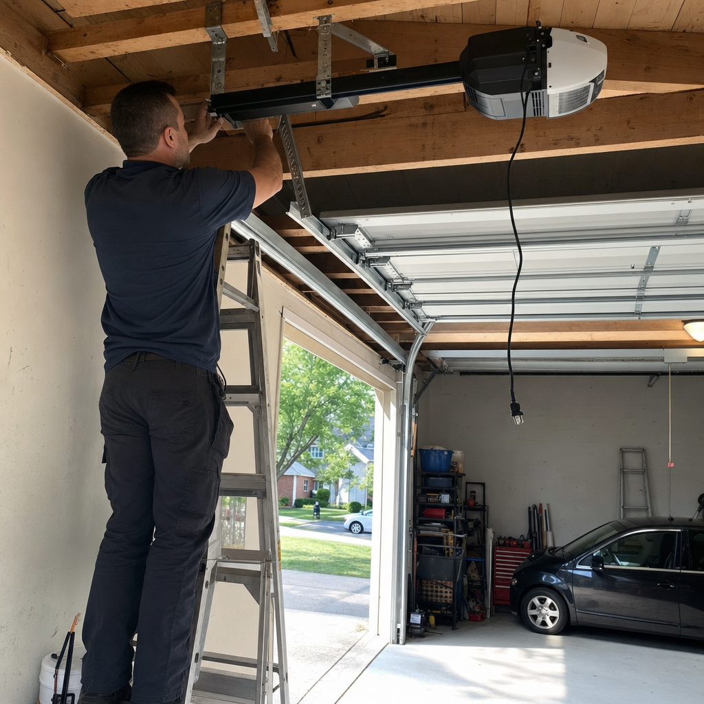 Technician installing a garage door opener motor on a ceiling in Columbus, OH