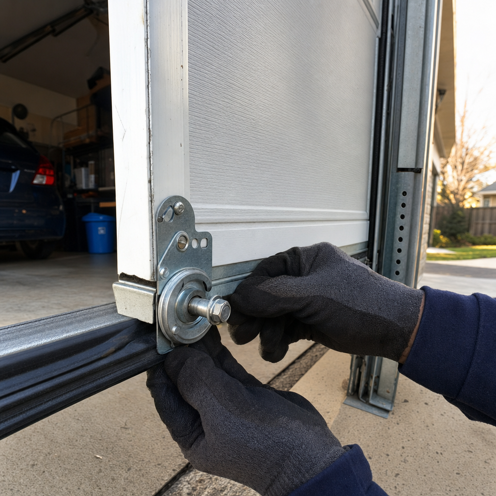 Technician performing professional garage door roller maintenance and repairs in Columbus, OH