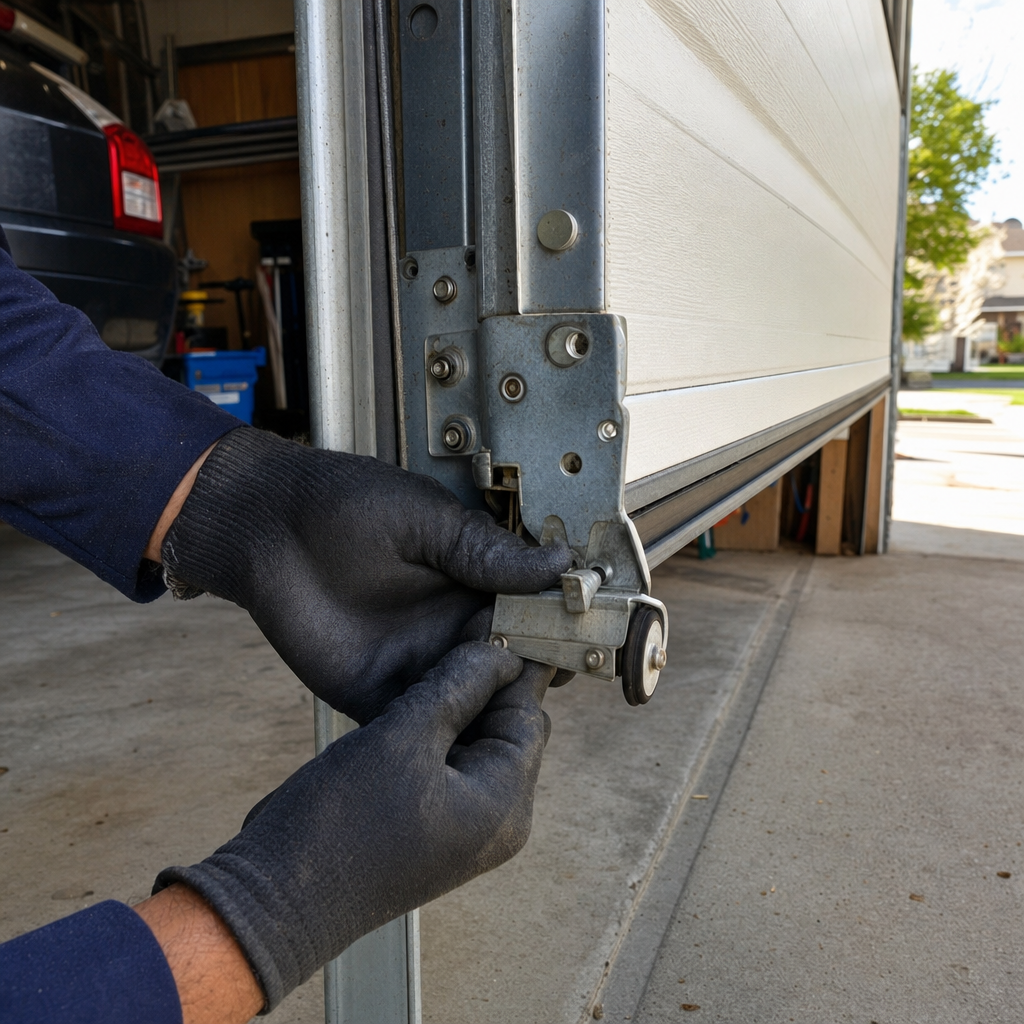 Technician repairing garage door rollers and hardware assembly in Columbus, OH
